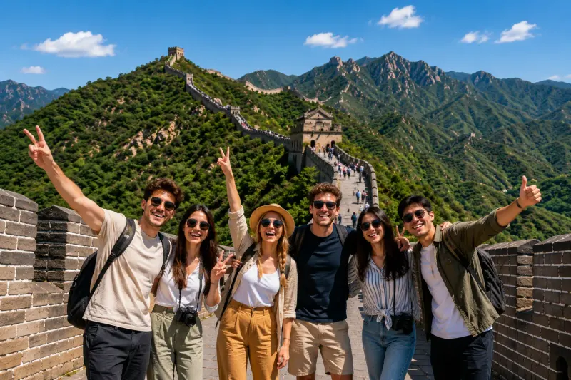 Travelers on a guided tour at the Great Wall of China, cultural tour packages by Piccola Travel in Miami.