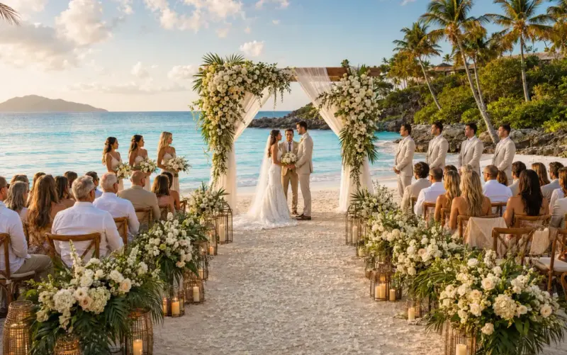 Couple on a resort beach at sunset during an adults-only vacation organized by Piccola Travel, a Florida travel agency.