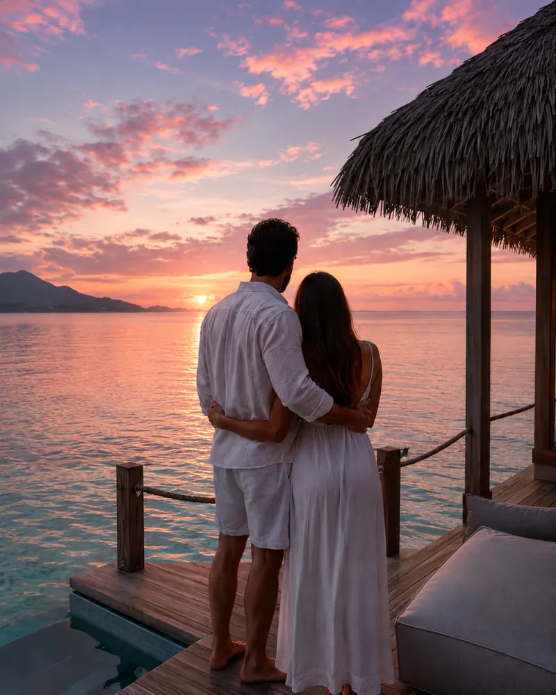 Couple watching the sunset from the deck of an overwater villa, luxury honeymoon planned by Piccola Travel, a Miami travel agency.
