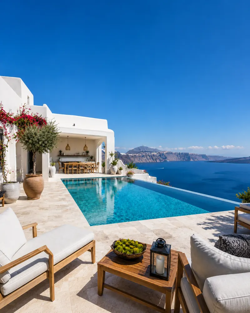 Private villa terrace with infinity pool overlooking the caldera and deep blue sea in Santorini, private villa rental arranged by Piccola Travel.