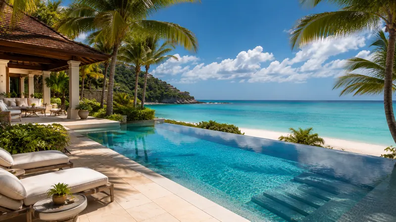 Private beachfront villa with infinity pool and turquoise Caribbean sea beyond, luxury villa stay coordinated by Piccola Travel, a Miami travel agency.