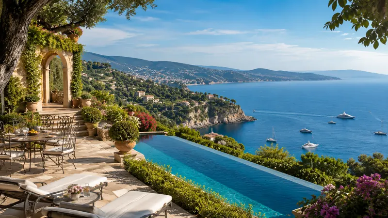 Clifftop villa terrace with infinity pool overlooking the Mediterranean and yachts on the French Riviera, planned by Piccola Travel.