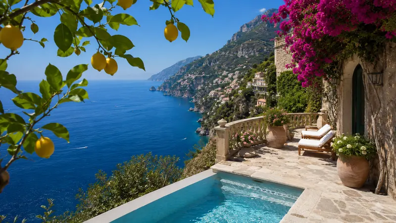 Cliffside villa terrace with lemon trees and bougainvillea above the Amalfi Coast, luxury villa stay designed by Piccola Travel in Miami.