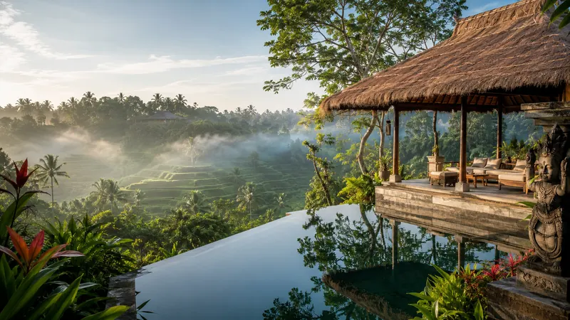 Luxury villa pavilion with infinity pool above a Bali rice terrace at sunrise, villa stay organized by Piccola Travel, a Florida travel agency.