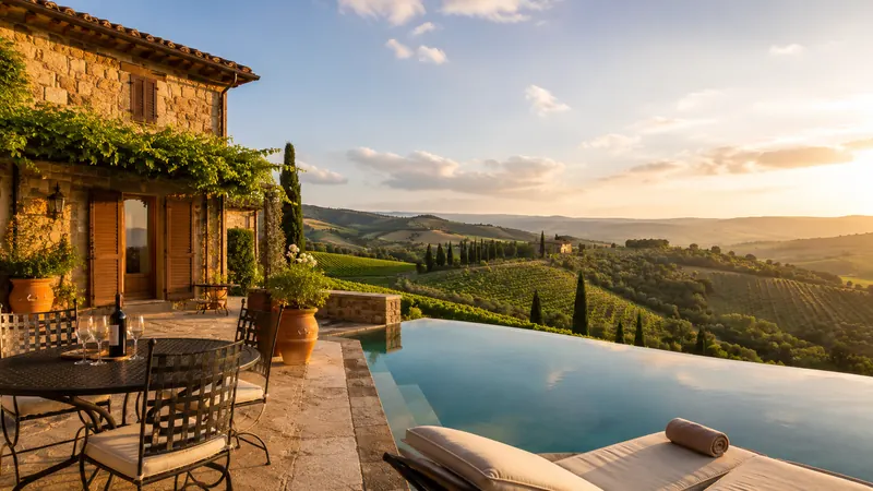 Private stone villa terrace with infinity pool overlooking Tuscan vineyards at sunset, villa rental arranged by Piccola Travel.