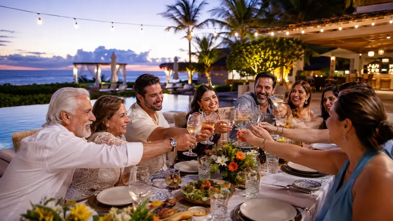 Multigenerational family toasting at a poolside dinner at a Cancun resort