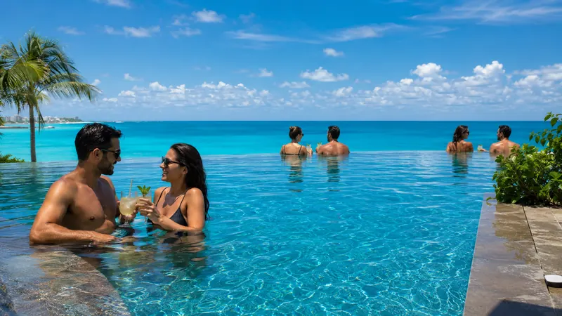 Couples in an infinity pool above the Caribbean in Cancun