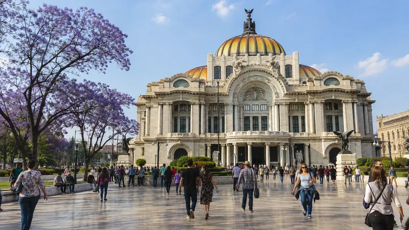 The Palacio de Bellas Artes with jacarandas in bloom in Mexico City