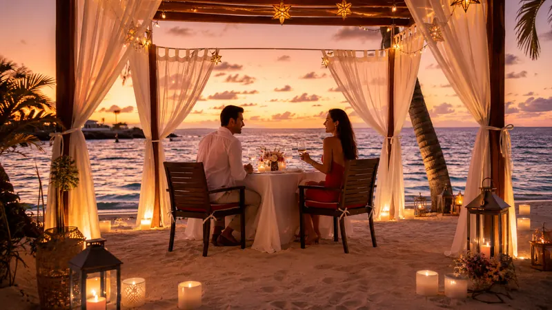 Candlelit dinner for two in a beach cabana at sunset on a Mexico honeymoon