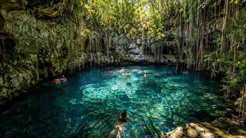 Swimmers in a jungle cenote on the Riviera Maya