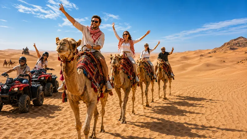 Friends celebrating on camelback and ATVs in the Arabian Desert — Dubai desert safari.