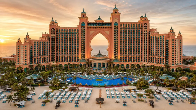 Atlantis The Palm resort and beachfront on Palm Jumeirah island, Dubai — Palm Jumeirah resort vacation.