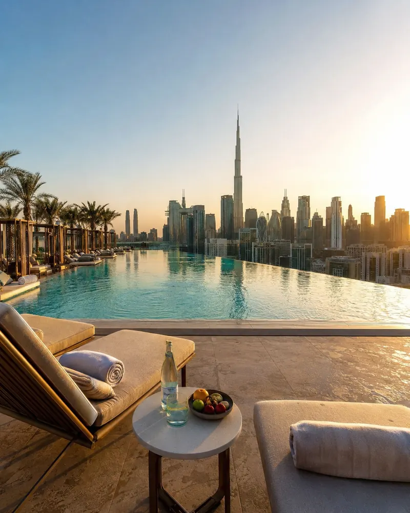 Rooftop infinity pool overlooking the Burj Khalifa and Dubai skyline at golden hour — Dubai luxury vacation.