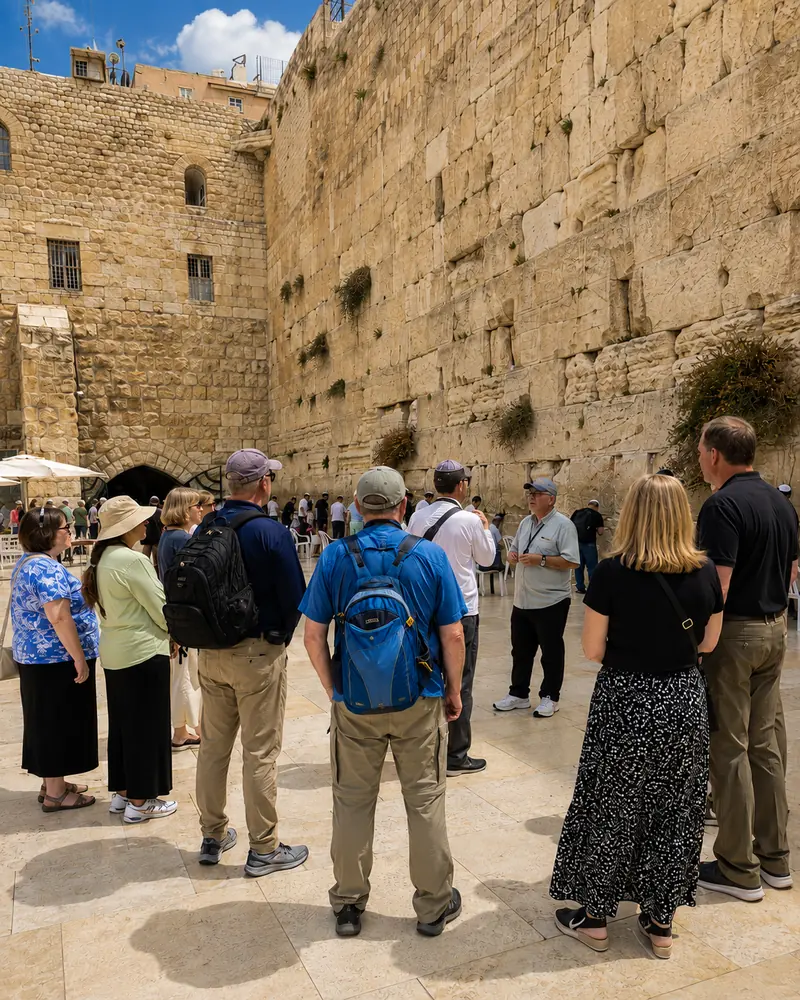Faith-based travel group standing before the Western Wall in Jerusalem — Holy Land group tour.