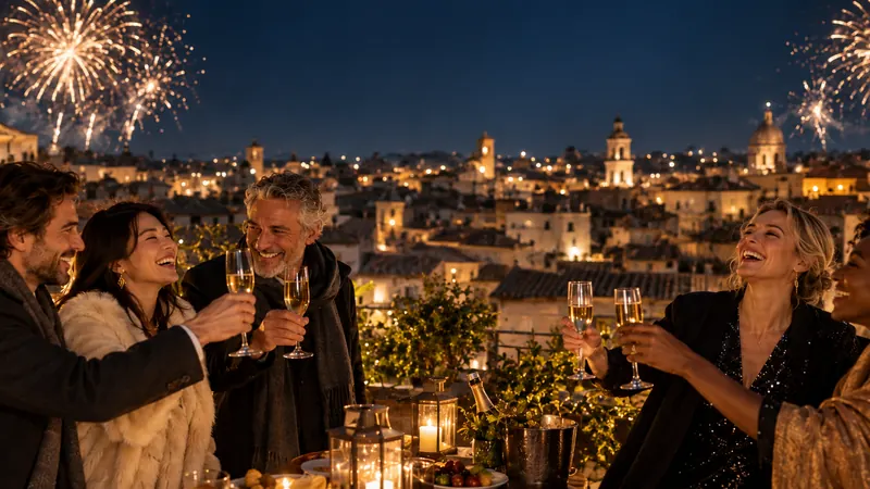 Friends raising champagne on a rooftop as fireworks burst over a lit old city at night