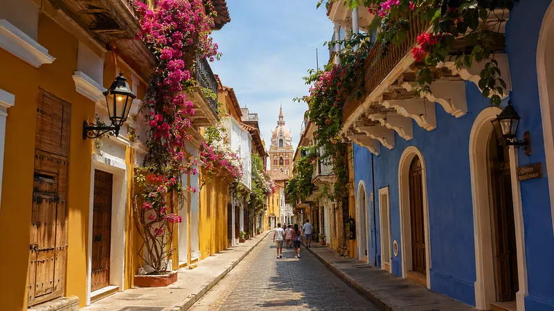 Colorful colonial balconies in Cartagena's walled old town — Cartagena Colombia vacation.