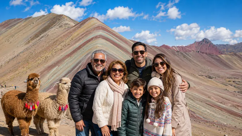 Multi-generational family with alpacas at Rainbow Mountain in Peru — South America group travel.
