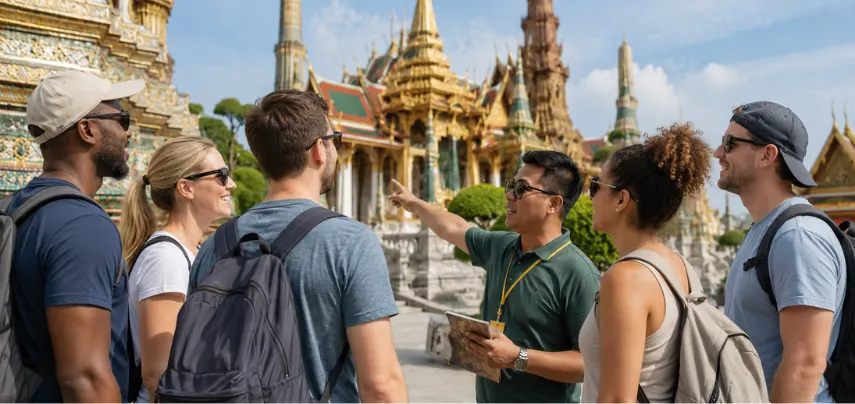Piccola Travel Thailand cultural guided tour — group visiting ancient temple grounds.