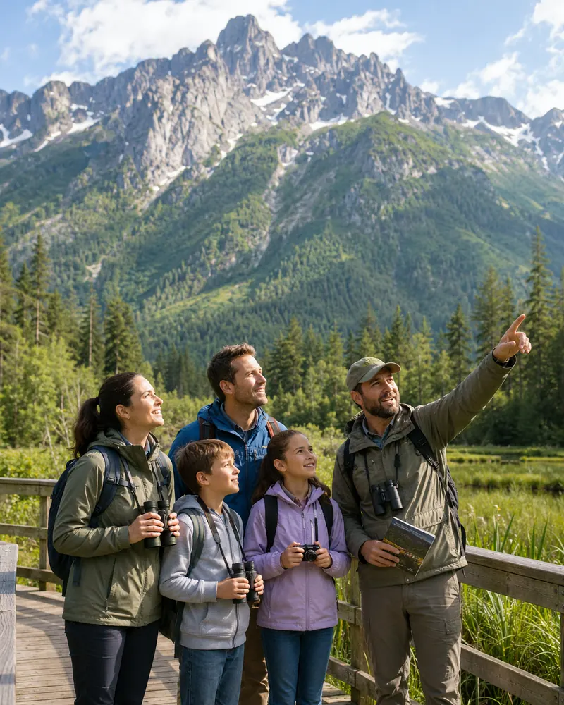 Naturalist expedition guide in a field cap pointing up toward a towering forested mountain range while a family of four with binoculars and a camera follow his gaze from a wooden boardwalk, on a guided family adventure arranged by Piccola Travel.