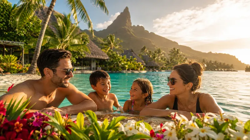 Family of four relaxing at the edge of a resort pool at sunset with a volcanic peak, thatched bungalows and tropical flowers behind them, on an Aulani Hawaii resort stay booked through Piccola Travel.