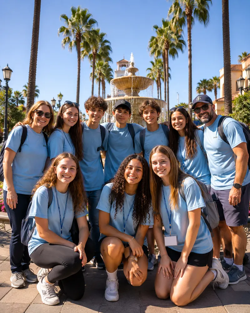 Group of about ten students and adult chaperones in matching light blue shirts posed together in front of a tiered plaza fountain framed by tall palm trees, on a group theme park trip coordinated by Piccola Travel.