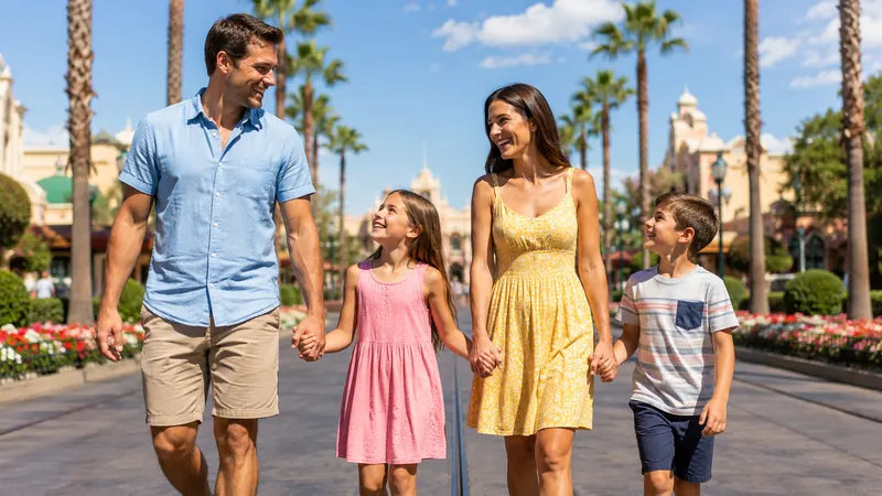 Family of four holding hands as they walk a palm-lined park esplanade past red and white flower beds, on a Walt Disney World Resort vacation package arranged by Piccola Travel for South Florida families.