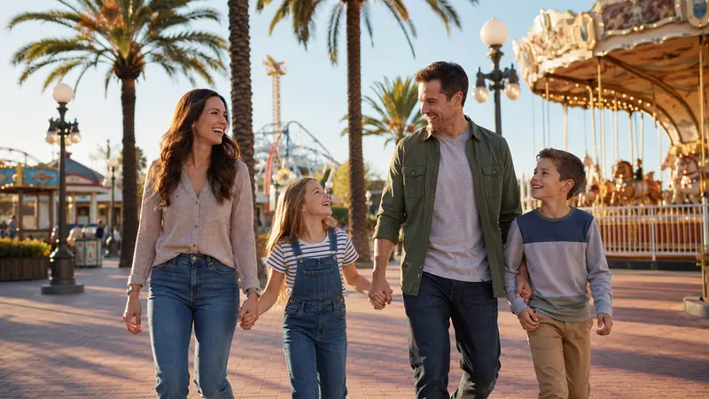 Family of four walking hand in hand past a lit carousel and tall palm trees at golden hour, on a Disneyland California vacation arranged by Piccola Travel.