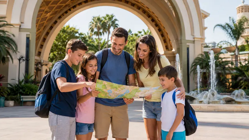 Family of five reading a folded park map together beneath a grand entry arch with fountains and palms behind them, planning a multi-park Orlando vacation with Piccola Travel.
