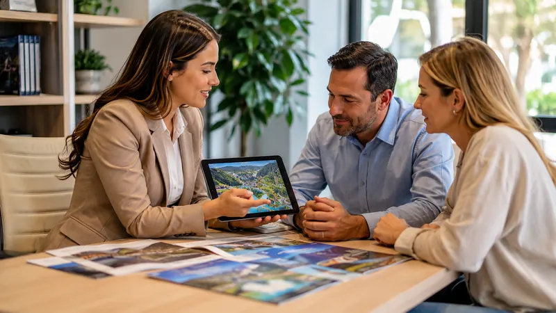 Travel advisor in a beige blazer showing a park map on a tablet to a seated couple across a desk spread with destination brochures, during a theme park planning consultation with Piccola Travel.