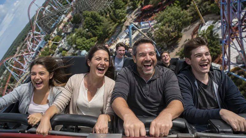 Two parents and two teenagers laughing in the front row of a steel roller coaster as it crests the track, on a Universal Orlando vacation package booked through Piccola Travel.