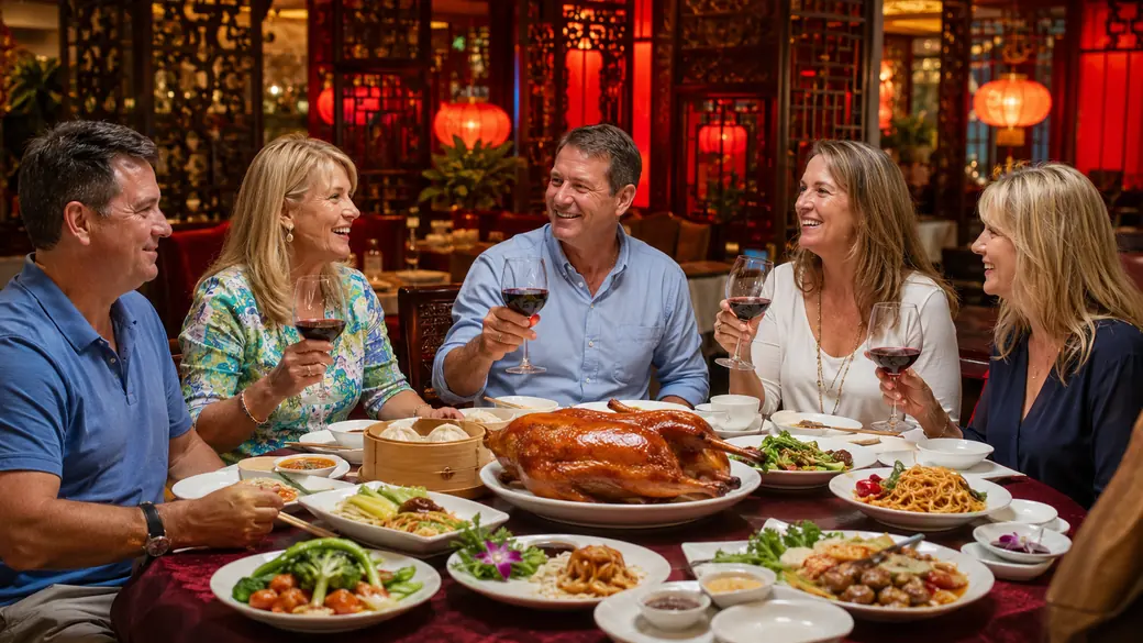 Travelers sharing a traditional Peking duck dinner under red lanterns on a China tour