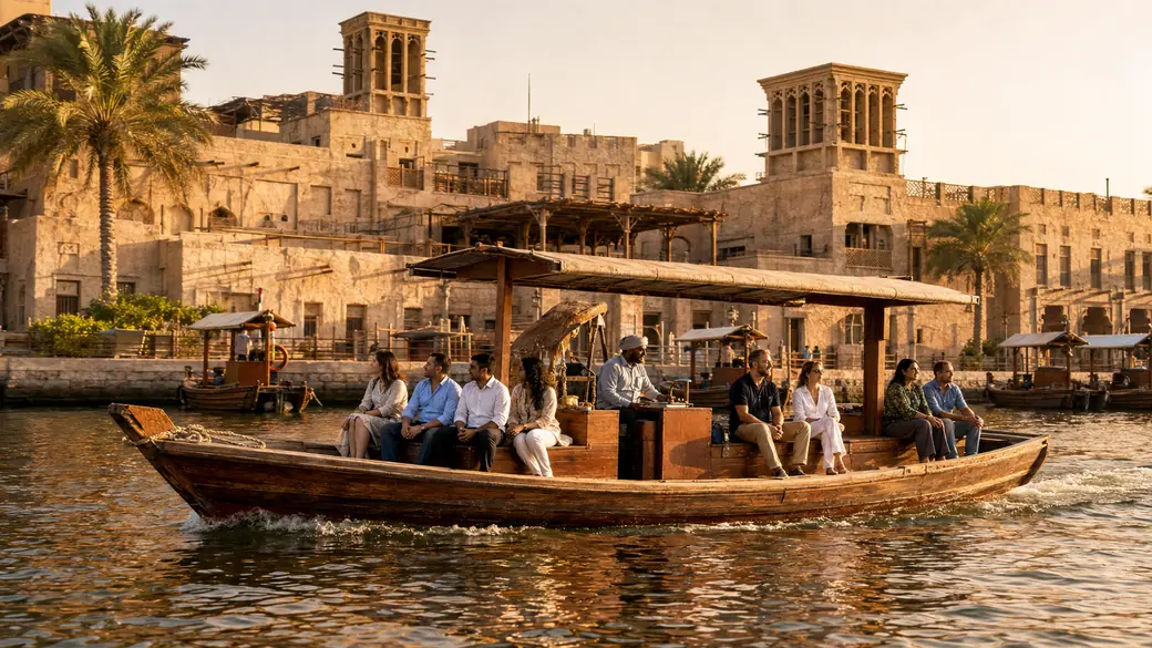 A traditional wooden abra crossing Dubai Creek at golden hour past the wind towers of the historic Bastakiya quarter