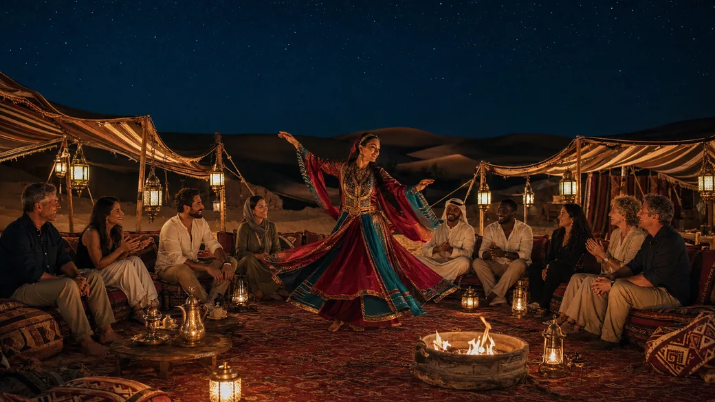 Travelers gathered on carpets around a fire watching a folkloric dancer at a lantern-lit desert camp under the stars