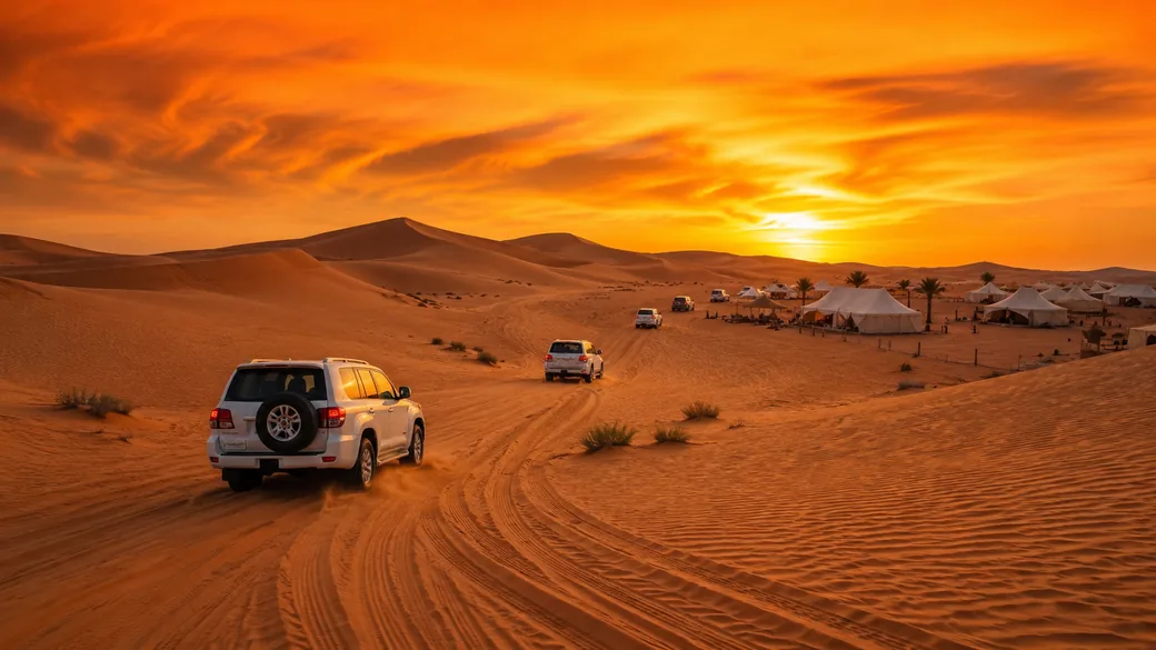 Four-wheel-drive vehicles crossing golden dunes toward a desert camp at sunset on a guided safari excursion