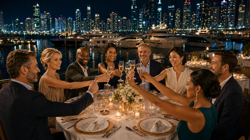 Guests raising champagne glasses at an elegant New Year's Eve gala dinner overlooking the illuminated marina