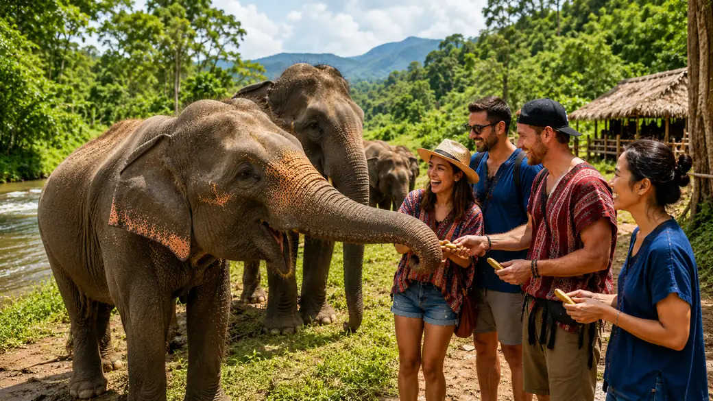Travelers meeting Asian elephants at a jungle camp near Chiang Mai on a guided Thailand tour