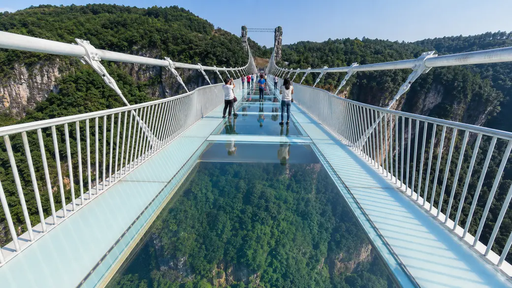 Visitors crossing the Zhangjiajie glass bridge high above a forested canyon in China