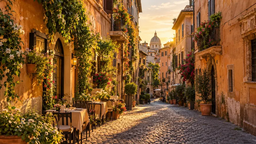 A cobbled lane in Trastevere, Rome, with trattoria tables and flowers at golden hour