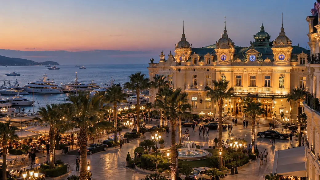Monte Carlo's casino square and yacht harbor at dusk on the French Riviera