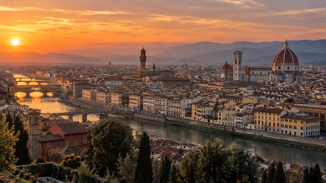 Florence at sunset from Piazzale Michelangelo with the Duomo and Ponte Vecchio