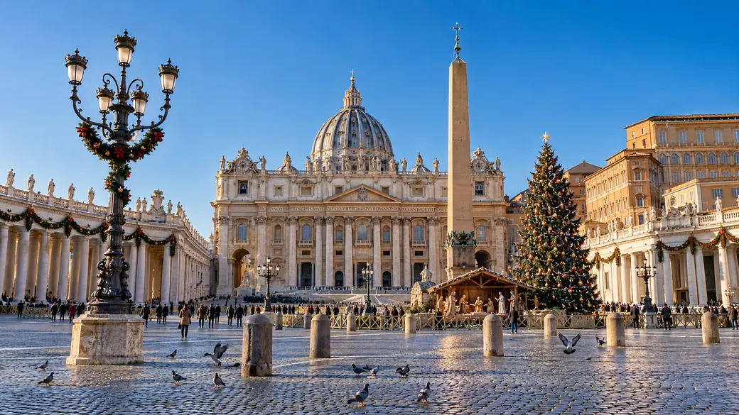 St. Peter's Square in Rome with the Christmas tree and nativity scene under a clear sky