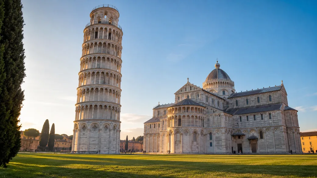 The Leaning Tower and Cathedral of Pisa on the green lawn of Piazza dei Miracoli