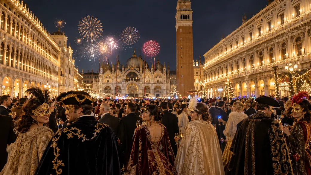 St. Mark's Square in Venice at night with fireworks and a festive crowd in Venetian costume