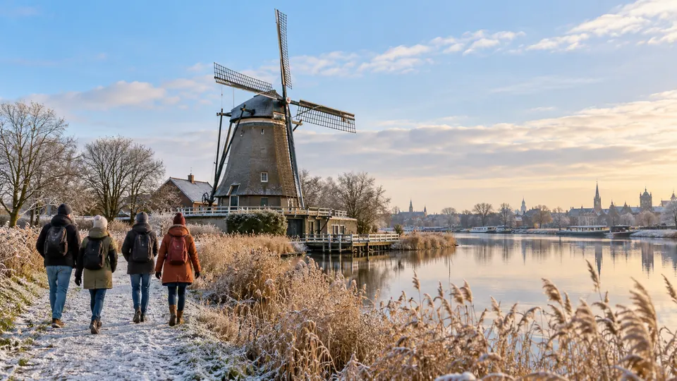 A traditional windmill beside a canal on the edge of Amsterdam in morning light