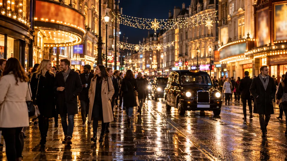 A West End street at night with wet pavement reflecting the theatre lights