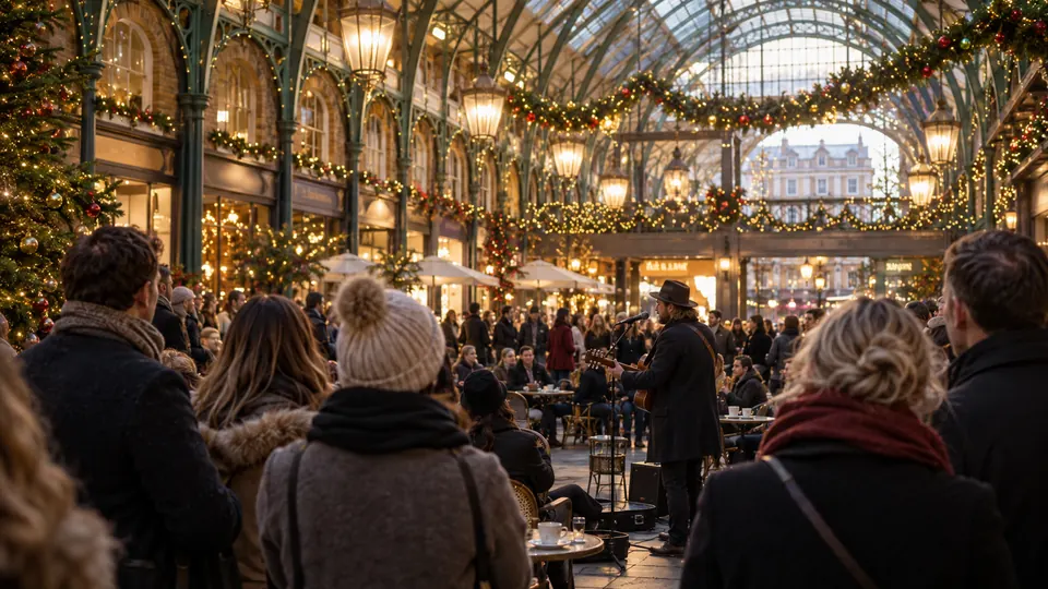 The covered market hall of Covent Garden with festive garlands and a street musician