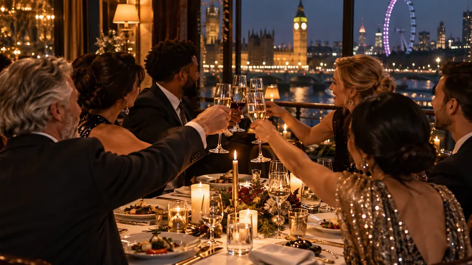 Guests raising glasses at a candlelit New Year's Eve dinner table in London
