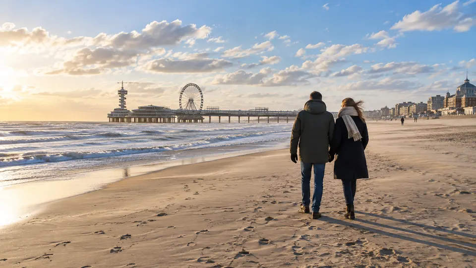 The wide winter beach and pier at Scheveningen near The Hague