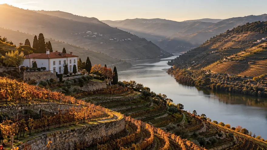 Terraced vineyards of the Douro Valley above the river at golden hour