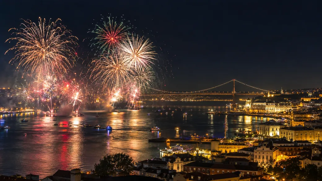 New Year's Eve fireworks over the Tagus River in Lisbon